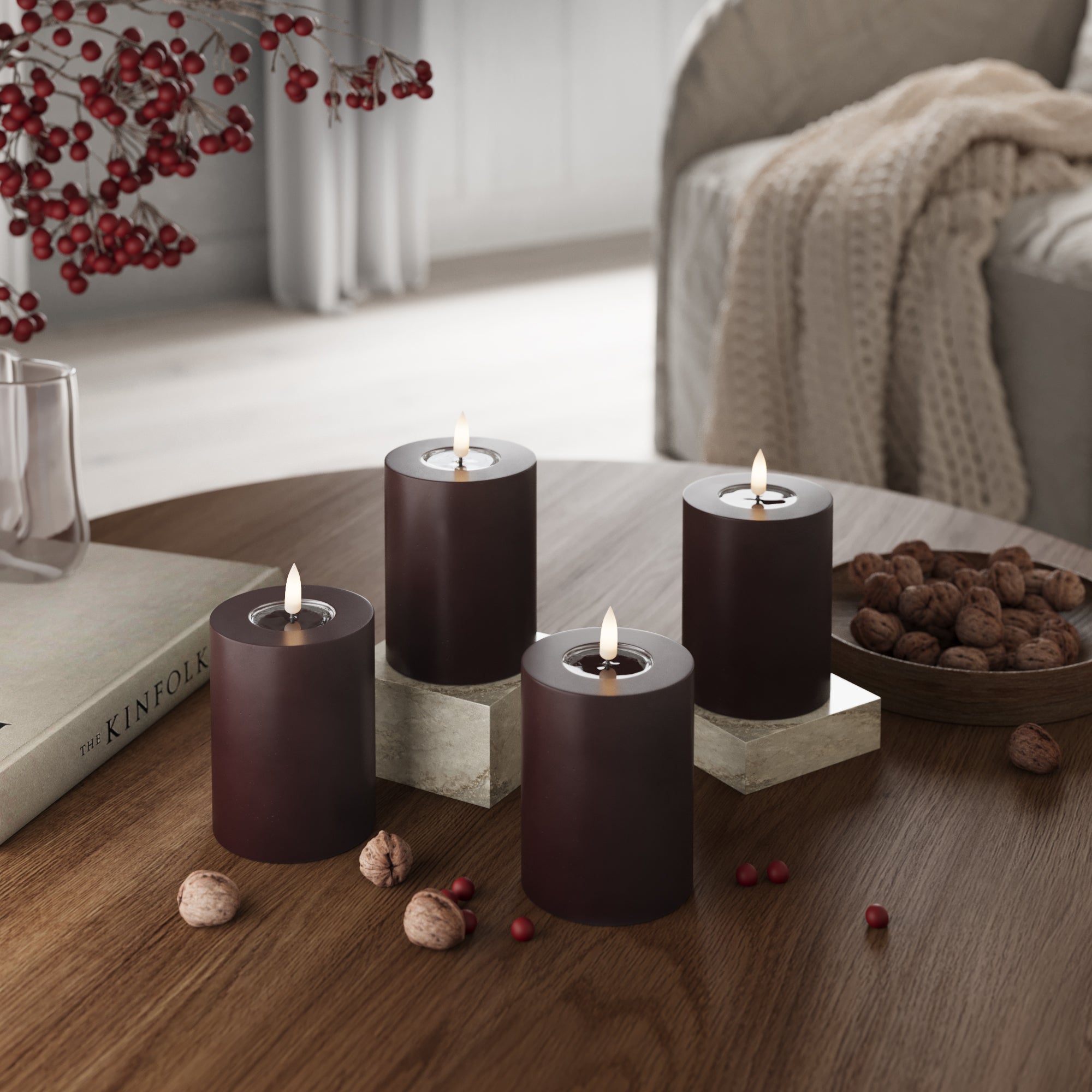 LED Bougie pilier Ø 7,5 x 10 cm Bourgogne - 4 PCS