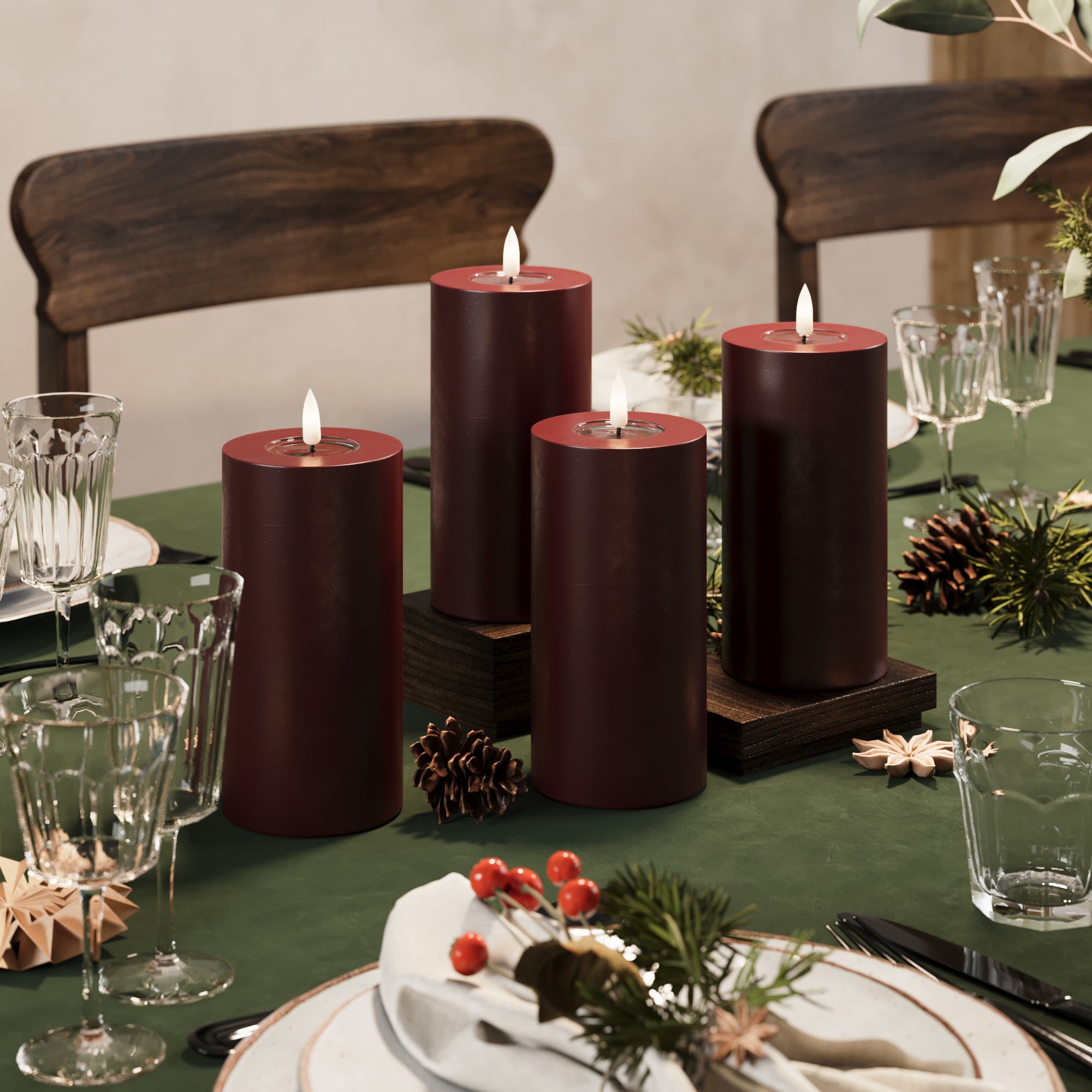 LED Bougie pilier Ø 7,5 x 15 cm Bourgogne - 4 PCS