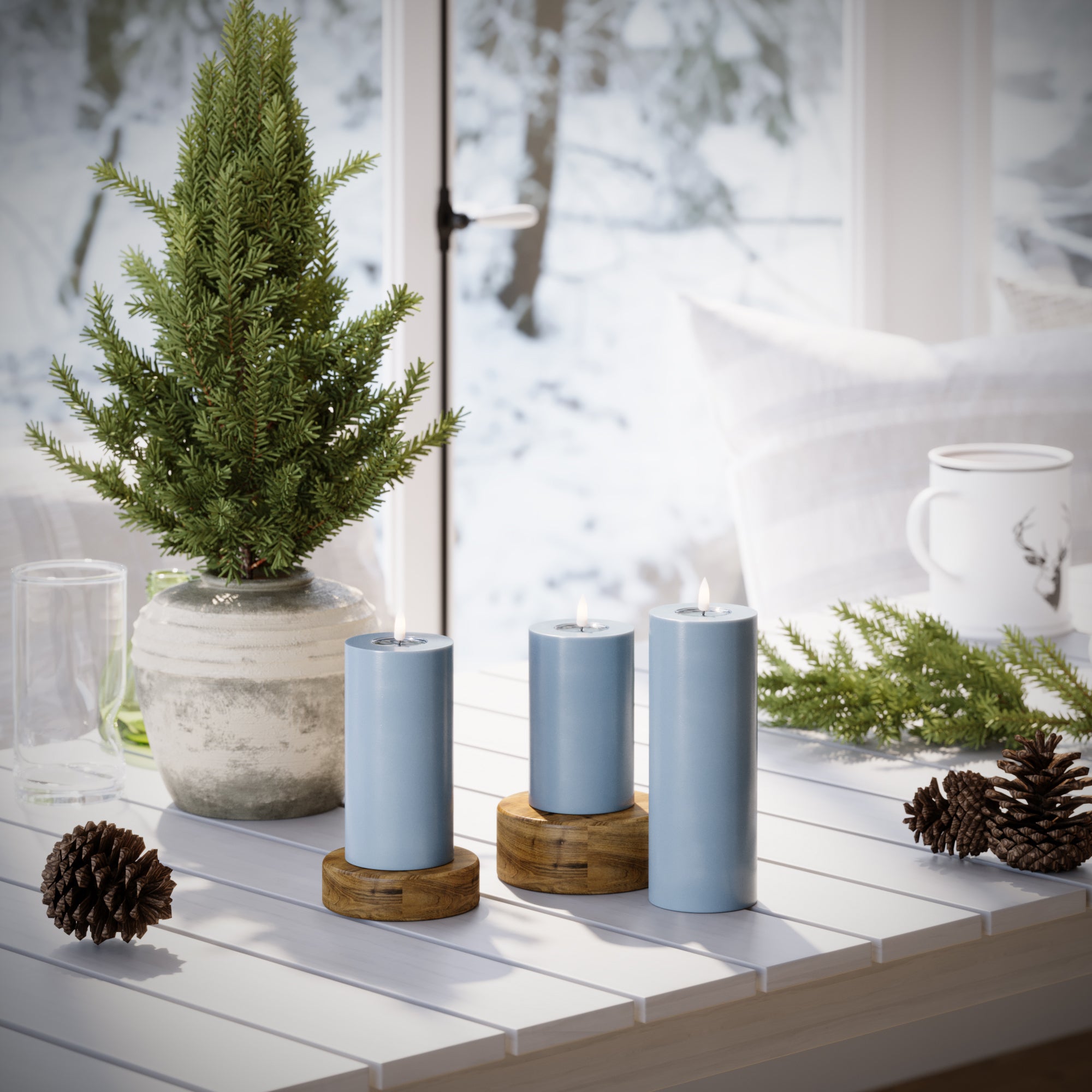 LED Bougie pilier Ø 7,5 x 12,5 + 15 + 20 Bleu glace