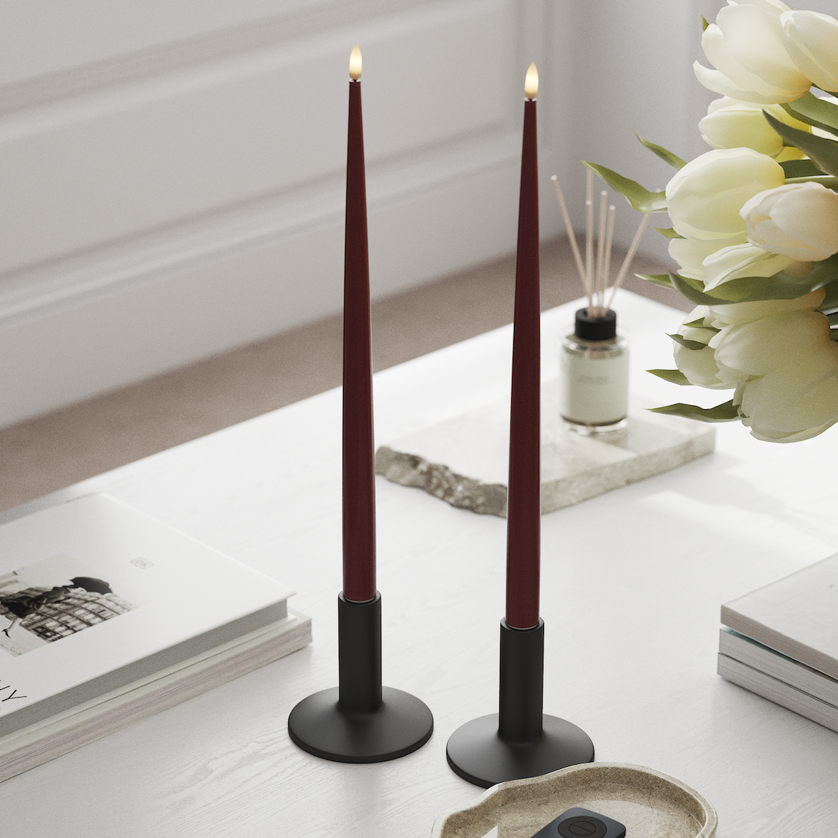 Deluxe Homeart LED Kertelys med Lak, 2 stk 38 cm Bordeaux LED kertelys 1