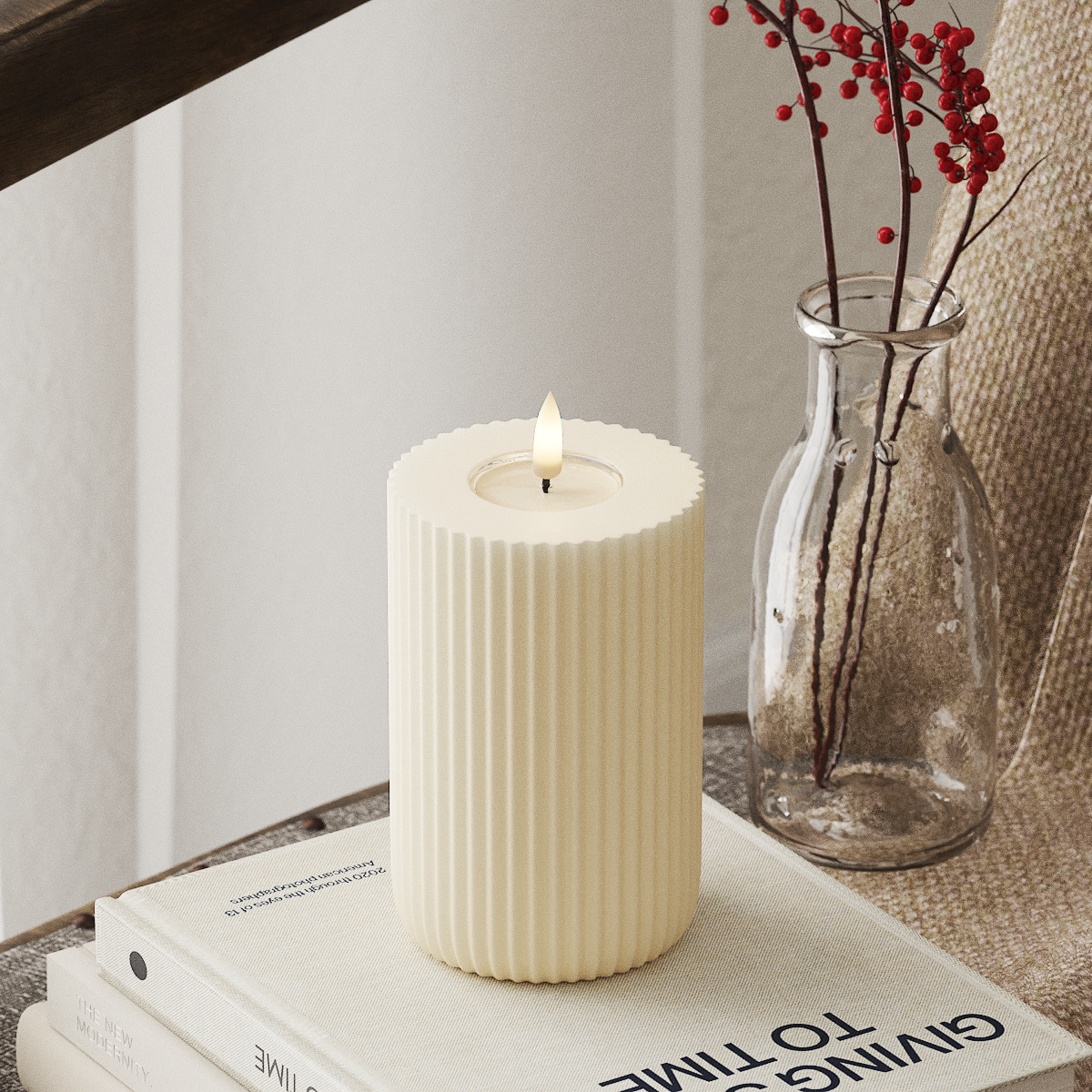 Deluxe Homeart Solid Stripe LED Bougie pilier Ø8 X 12,5 cm Crème LED Forme 4