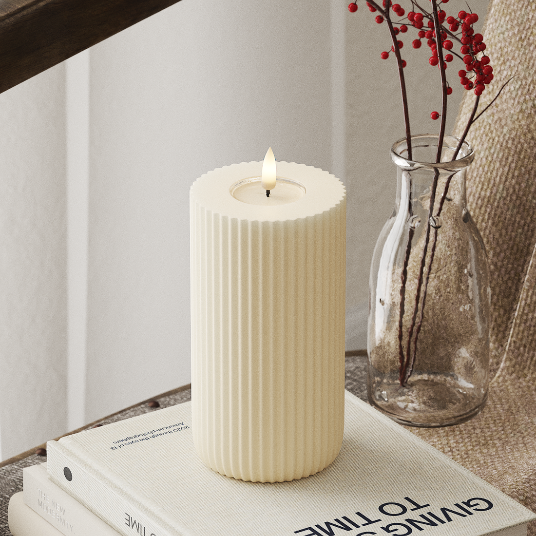 Deluxe Homeart Solid Stripe LED Bloklys Ø 8 X 15 Cm Cream LED Shape 4