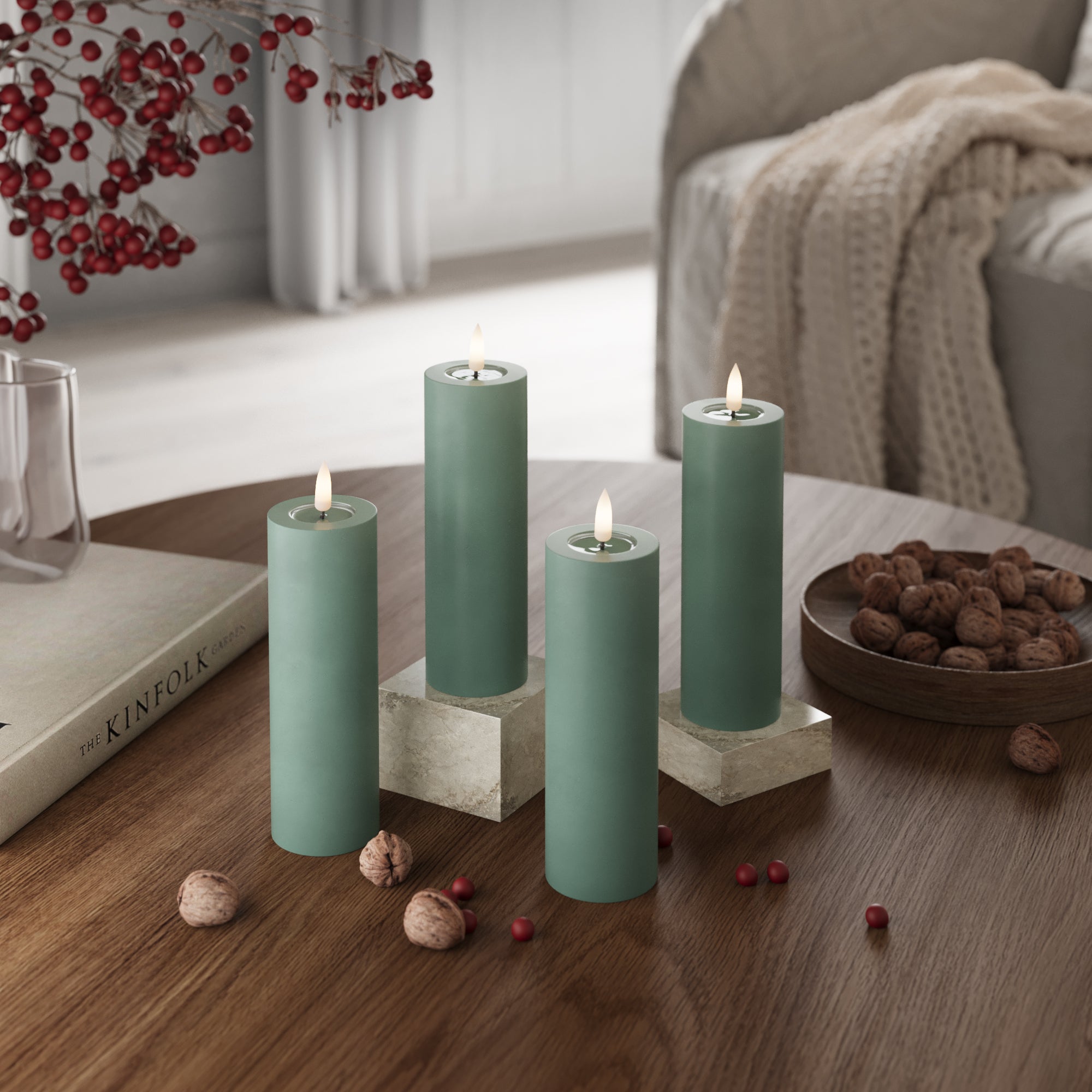 LED Bougie pilier Ø 5 x 15 cm Vert jade + 4 PCS