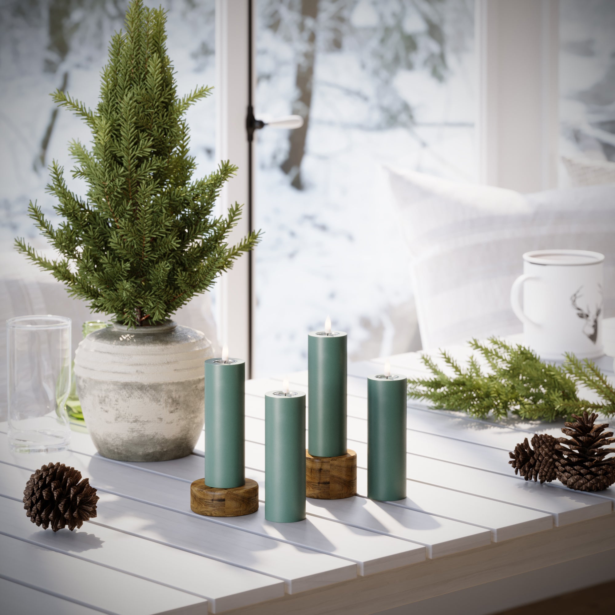 LED Bougie pilier Ø 5 x 15 cm Vert jade + 4 PCS