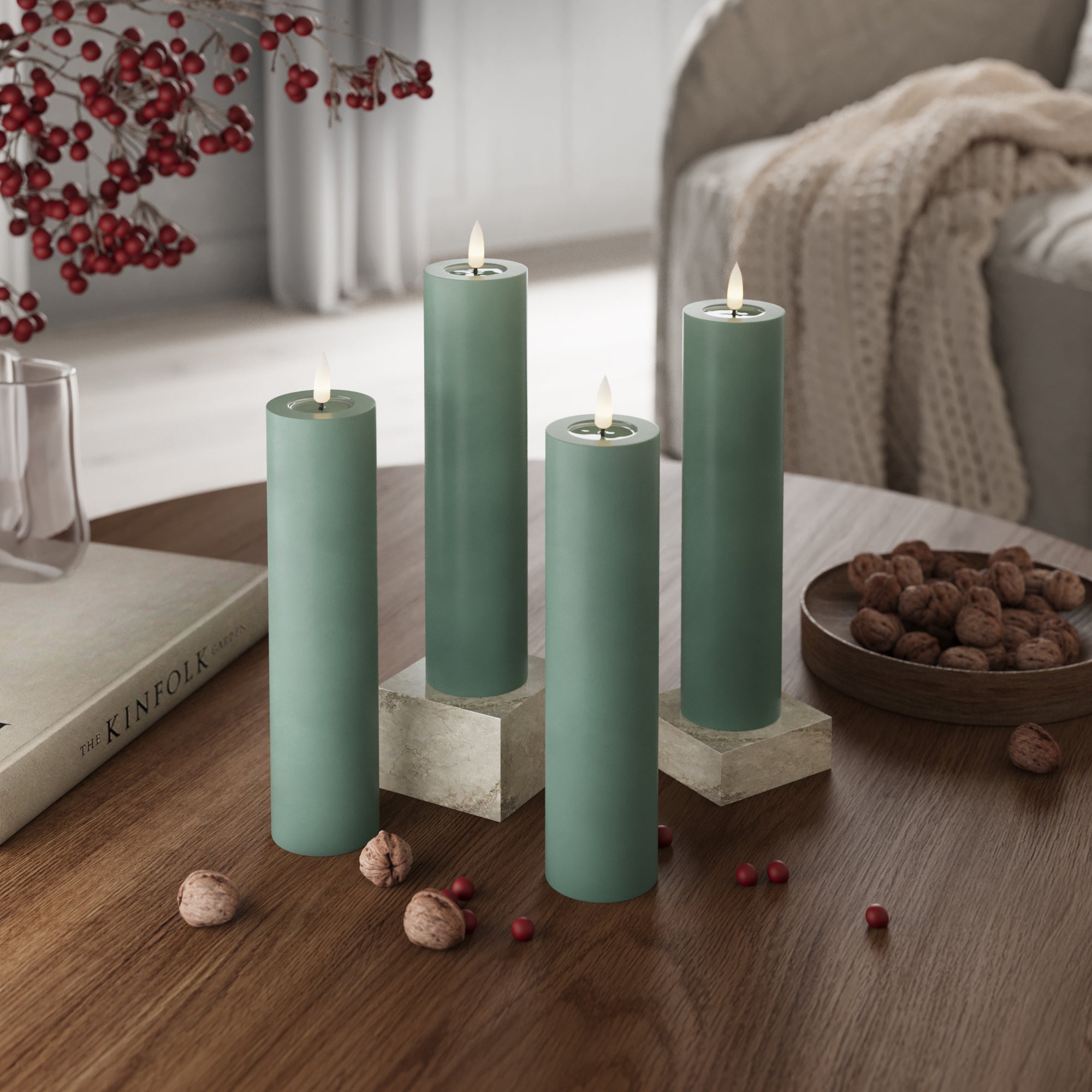 LED Bougie pilier Ø 5 x 20 cm Vert jade - 4 PCS