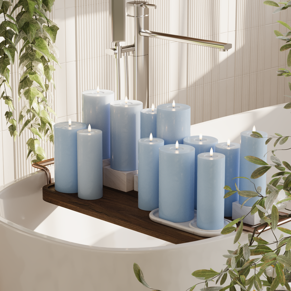 Deluxe Homeart LED bloklys pakke - Isblå - 6x 7,5 x 20 | 6x 10 x 20 cm pakke 2